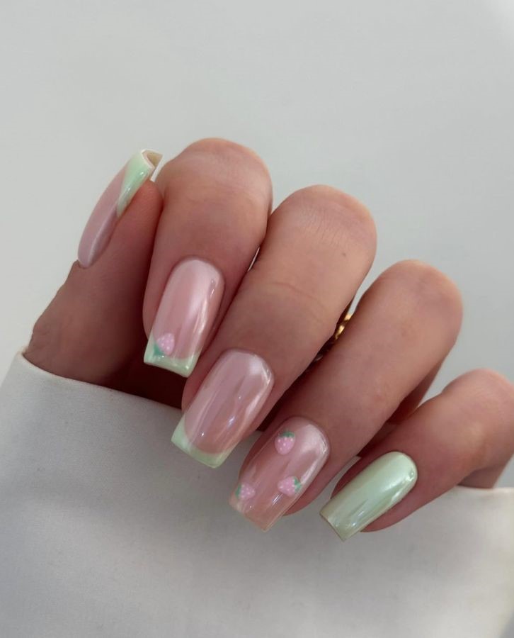 glossy green strawberry matcha nails