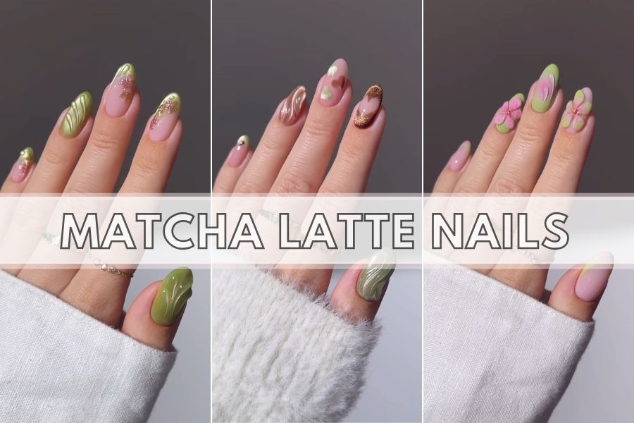matcha latte nails collage