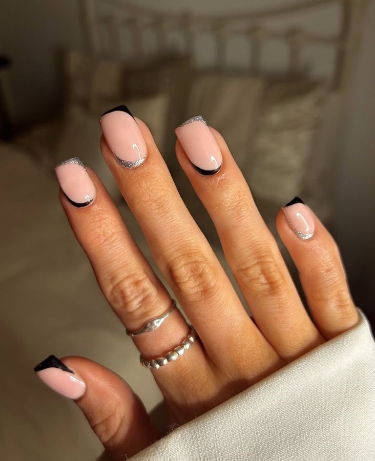 black and silver micro french nails