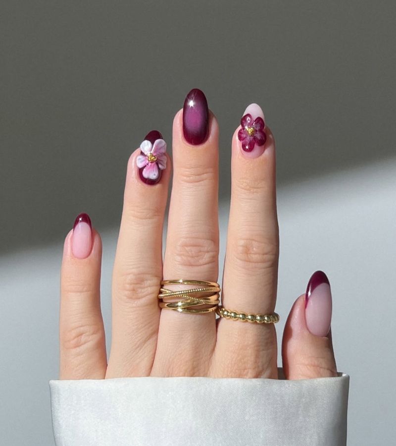 plum floral nails