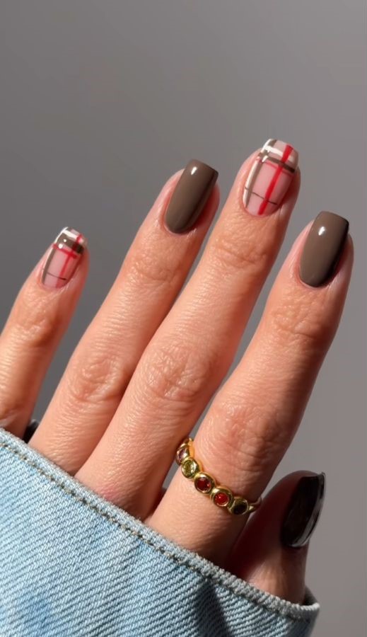 deep olive grid autumn nail designs