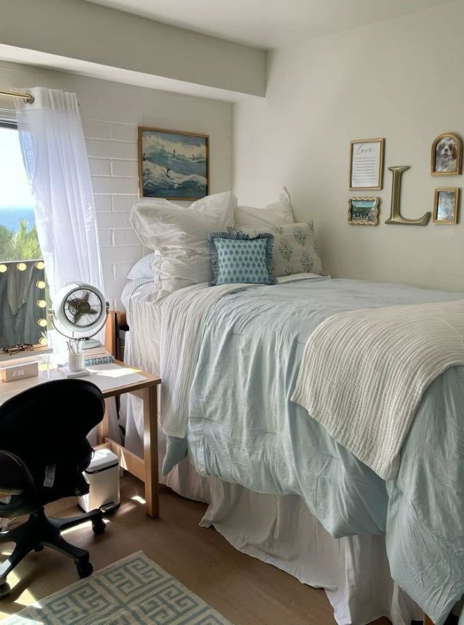 light-filled dorm room with airy white curtains and soft natural window lightning