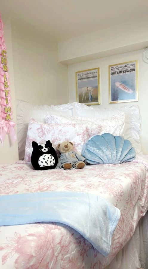 coastal dorm room mixing denim accents, beachy prints, and western-style decor