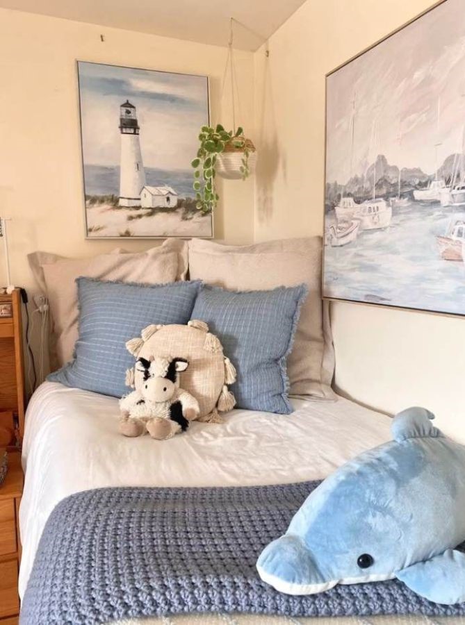 dorm corner with leafy prints in woven baskets and boho beach decor