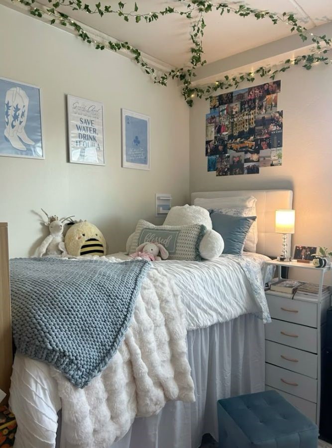 coastal dorm setup with blue bedding, hanging vines, and fairy lights for a cozy feel