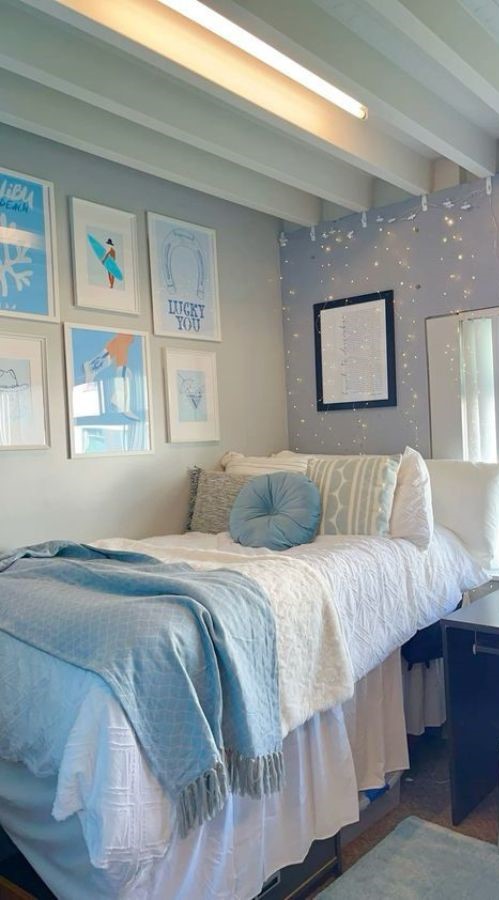 coastal dorm wall with glowing shell-shaped fairy lights and cozy beach-themed accents
