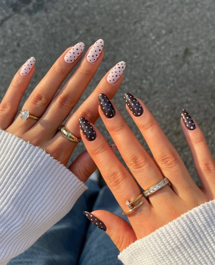 white and brown polka dot nails