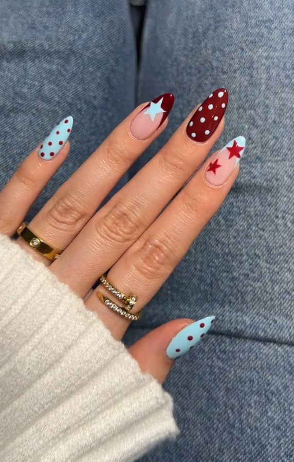 red and blue polka dot nails