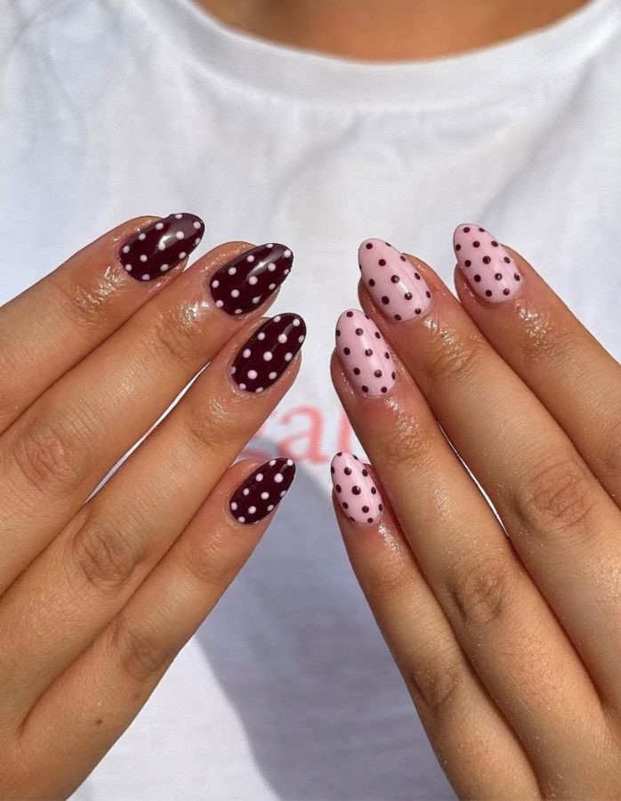 burgundy and light pink polka dot nails