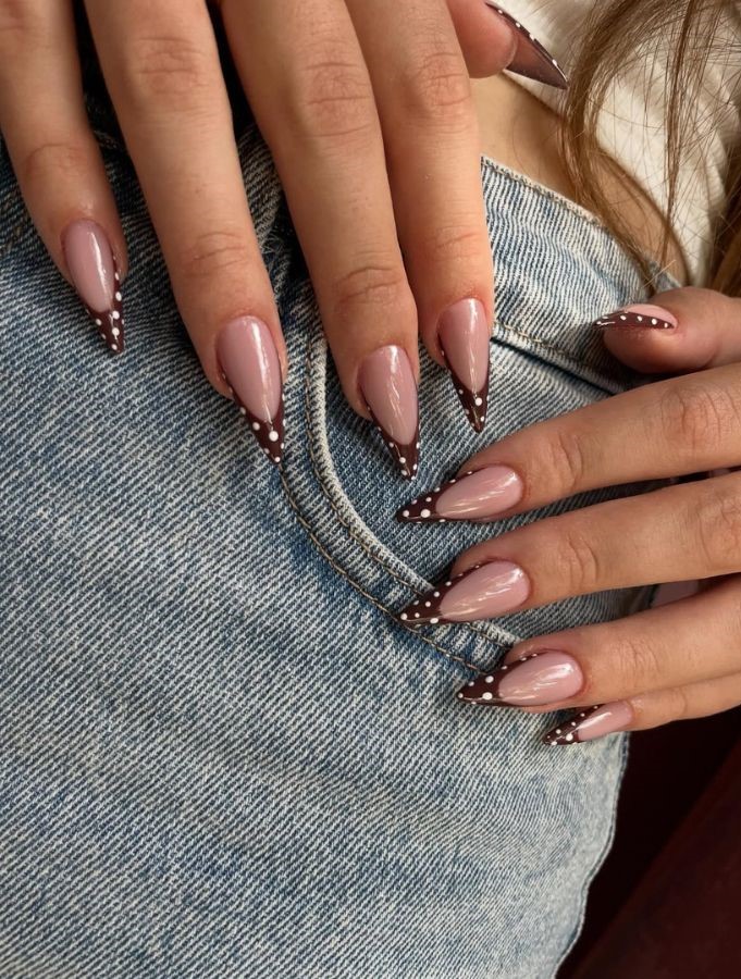 brown and white polka dots french nails