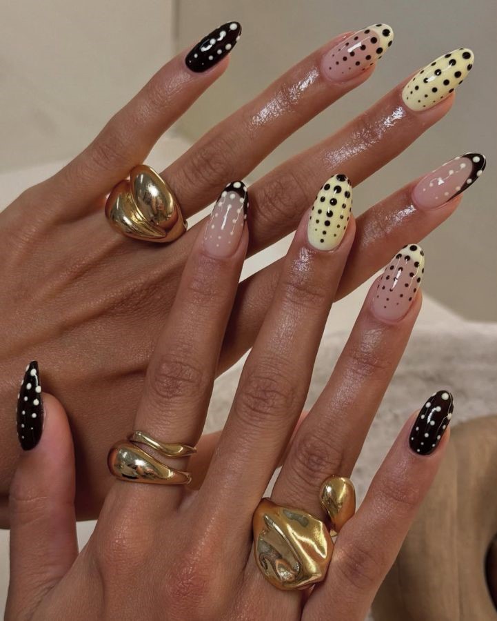 black and yellow polka dot nails