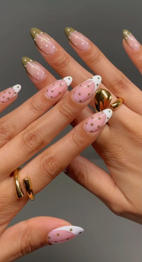 sage green and white polka dot nails