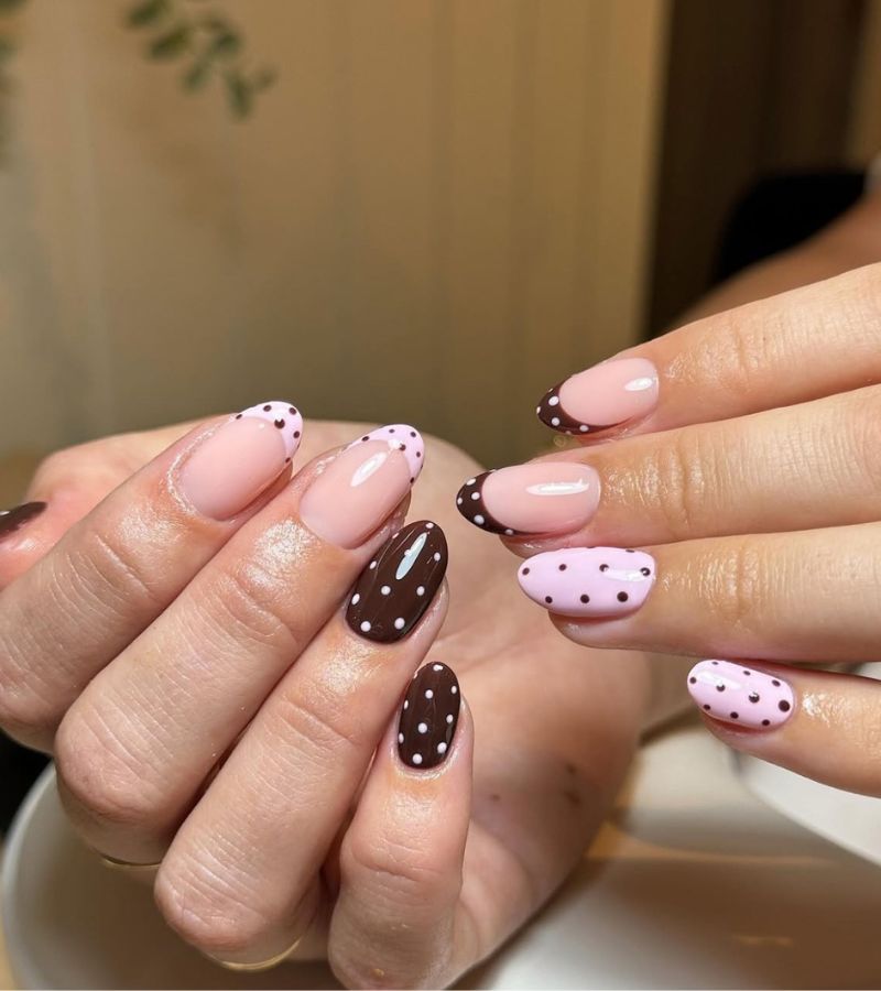 brown and light pink dot nails