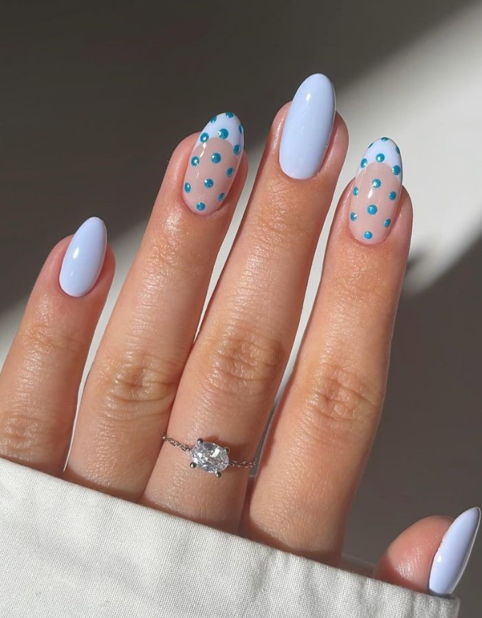 blue teal polka dot nails