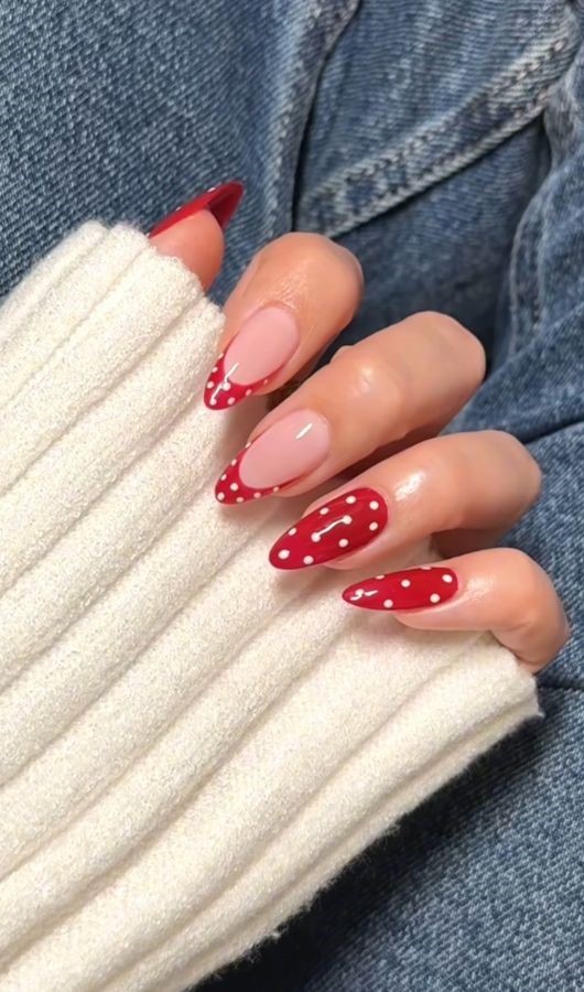 red and white polka dot nails