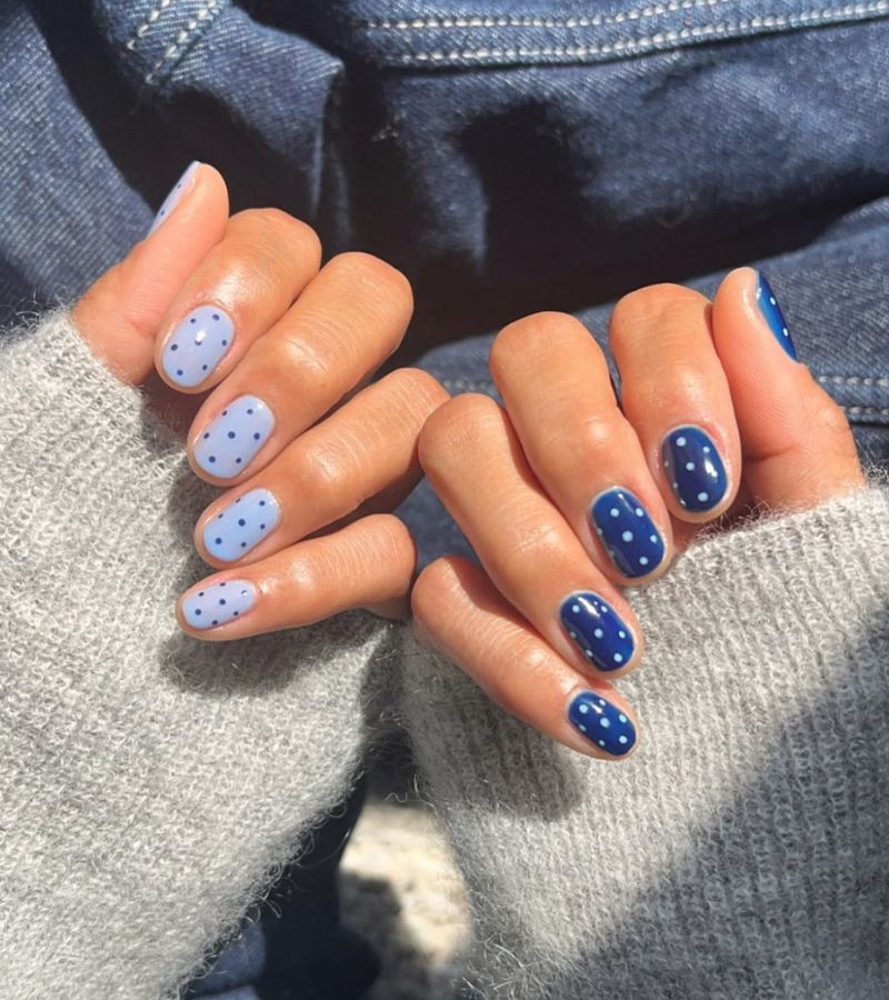 blue denim polka nails