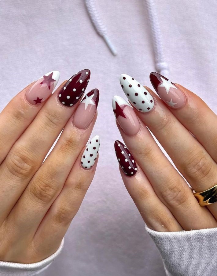 burgundy and white polka dot nails