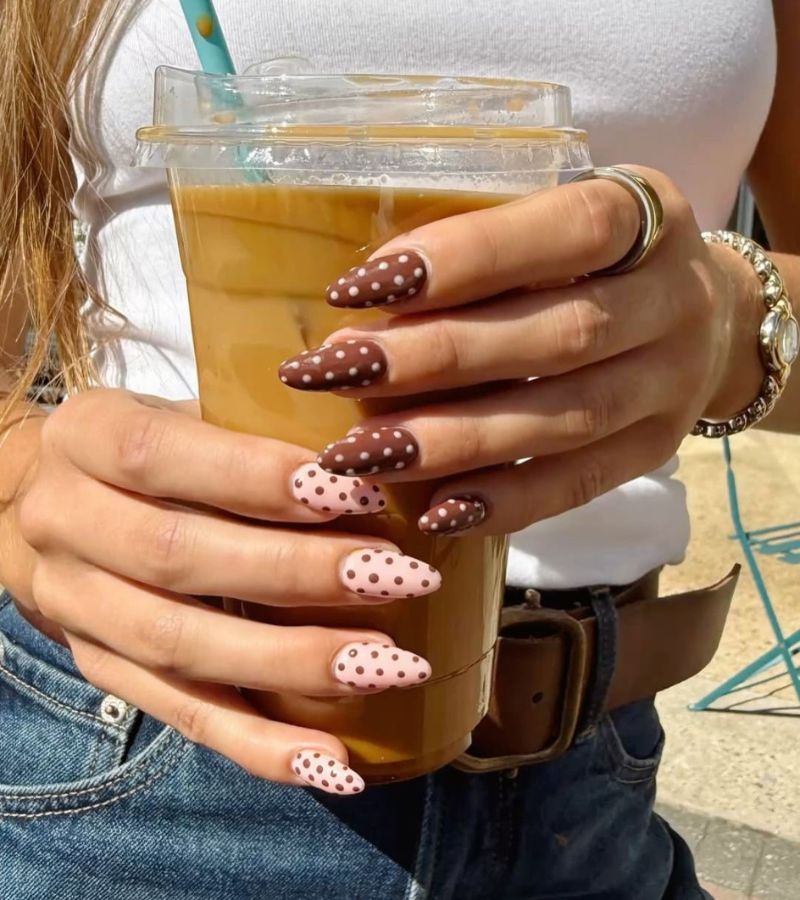 brown and cream polka dot nails