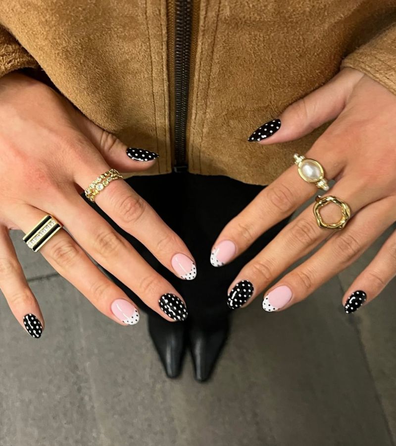 black and white polka dot nails