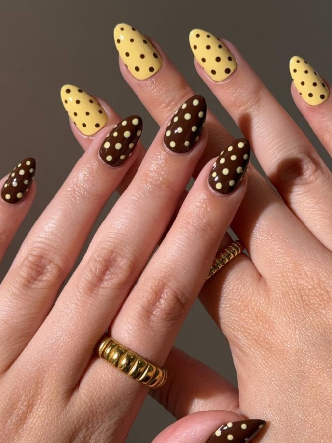 brown and yellow polka dot nails