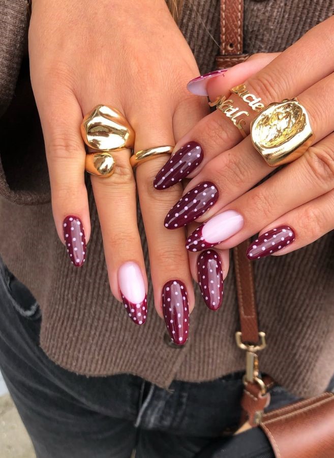 maroon polka dot nails