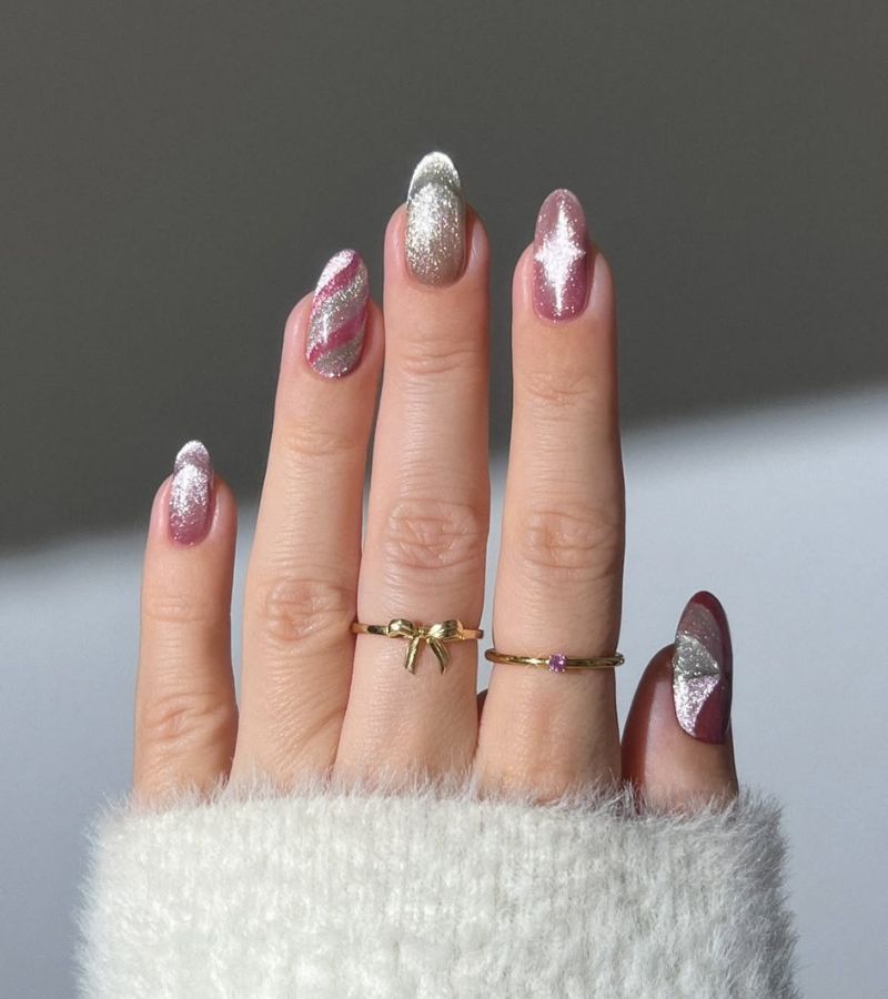 pink and silver glitter nails