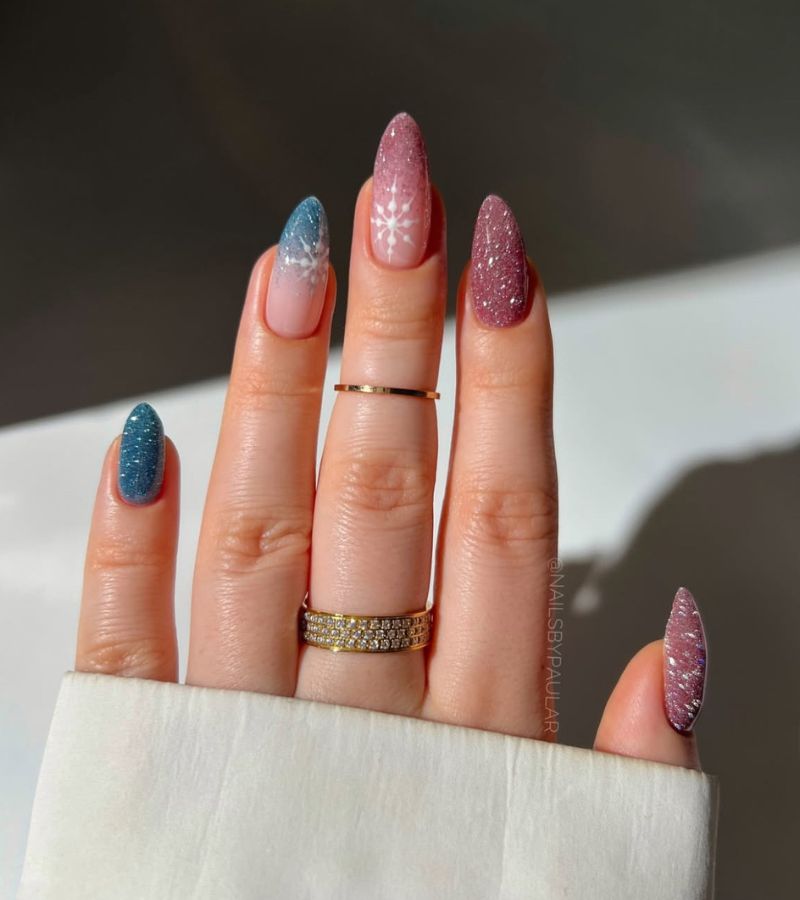 pink and blue sparkly holiday nails