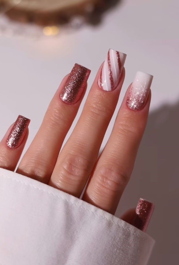 pink white christmas holiday nails