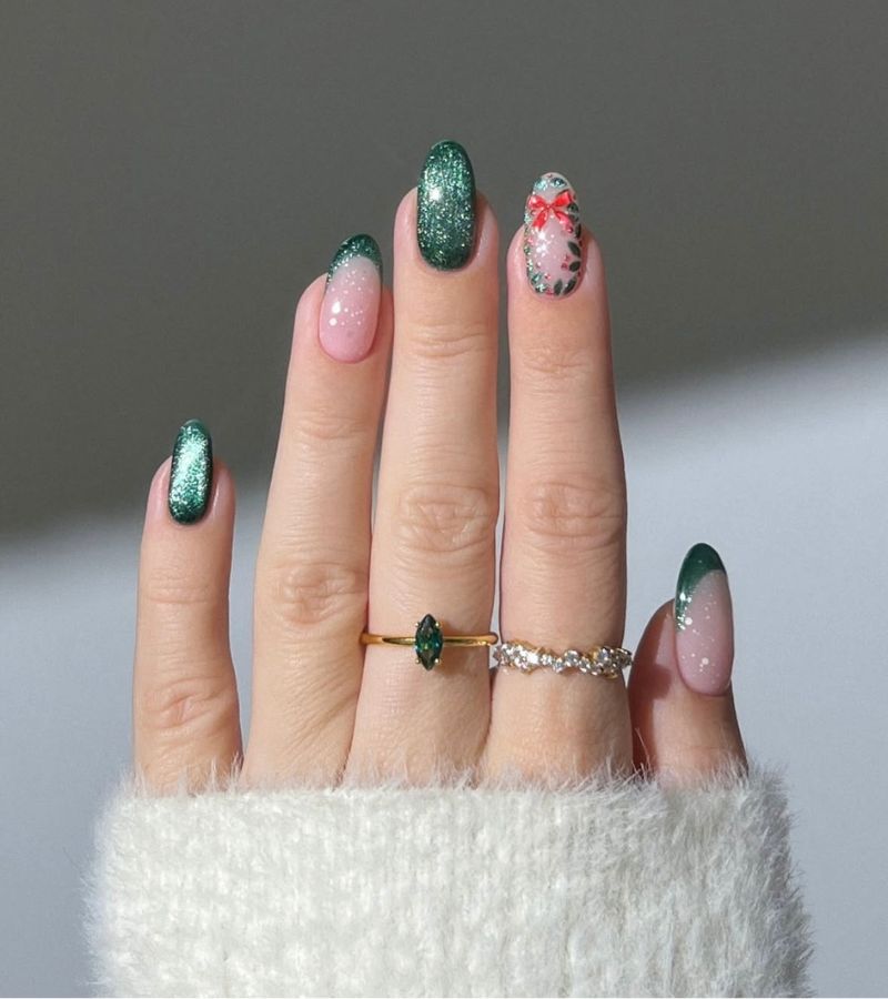 velvet green festive nails