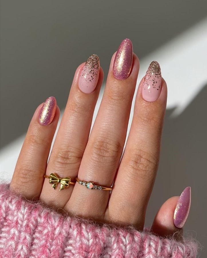 pink and gold glitter holiday nails