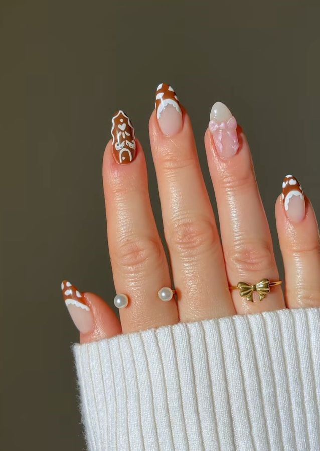 gingerbread nails pink bow