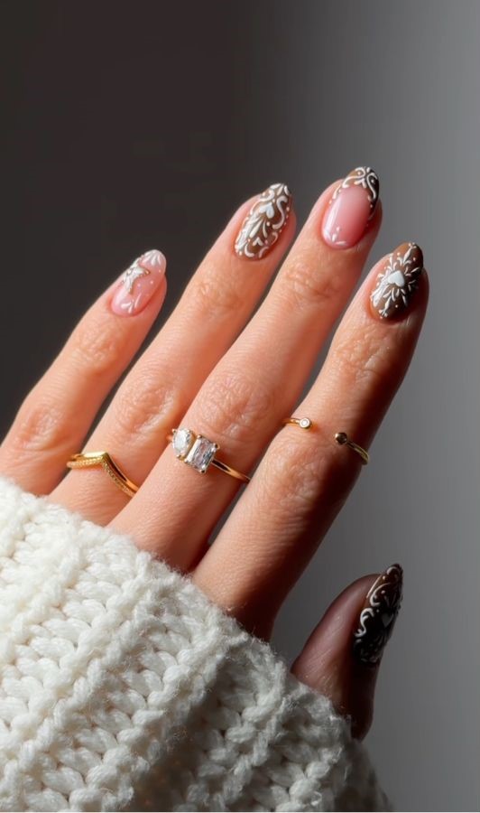 gingerbread brown white nail art