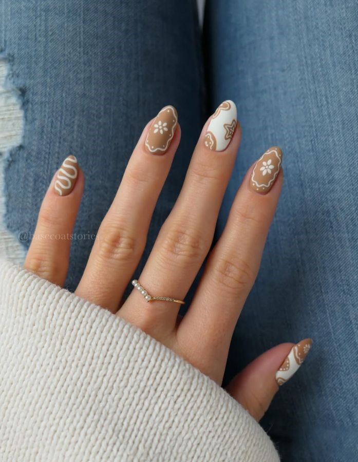 white and brown gingerbread nail art