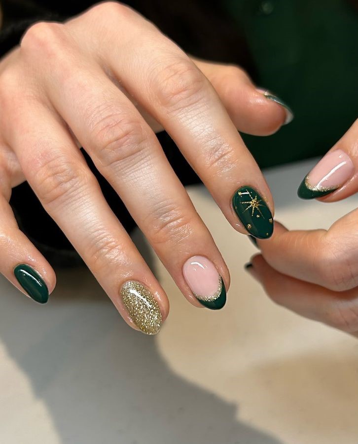 sparkly gold and green nails