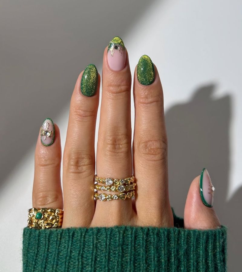 glittery green cat eye nails