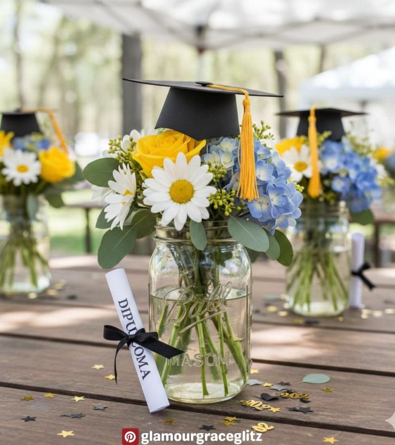 graduation party centerpiece - mason jar with flowers a black grad cap and diploma 
