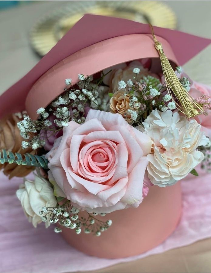 pink grad box with flowers 