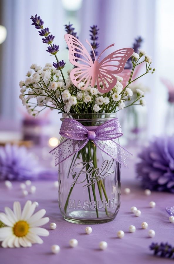 mason jar with purple ribbon and purple and white florals inside