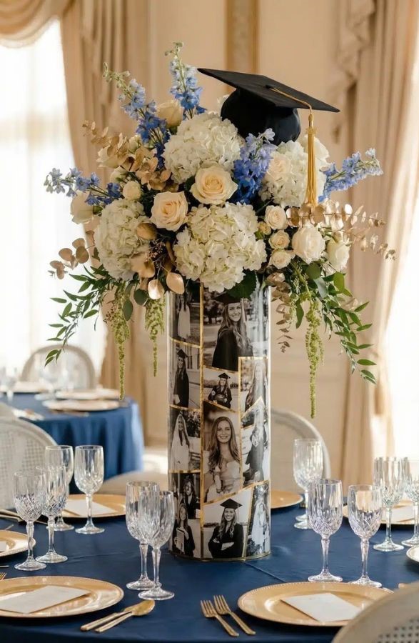 tall photo memory vase with florals and grad cap on top