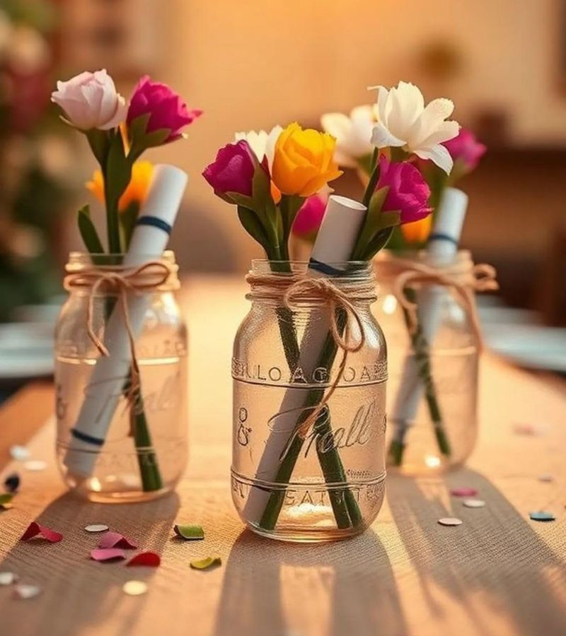 graduation party centerpieces with florals and diploma