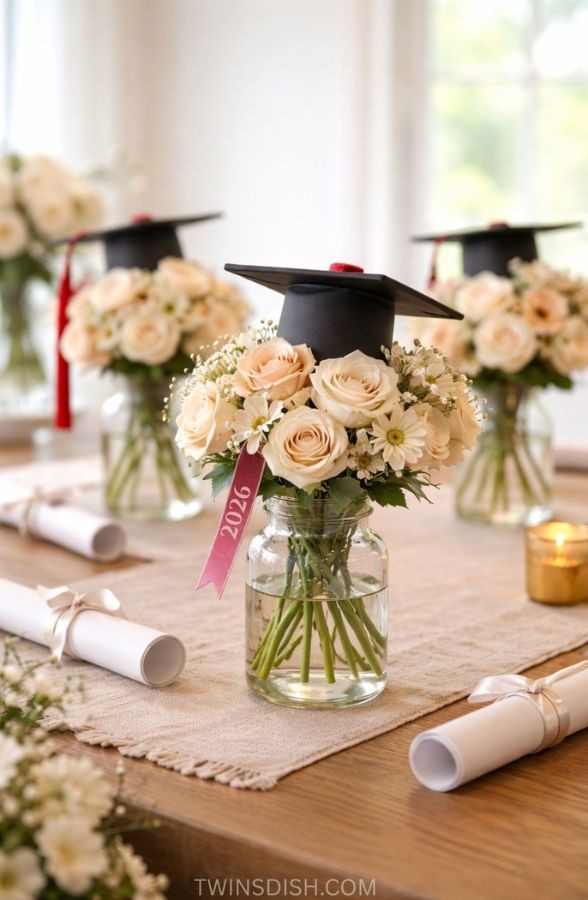 floral vase with graduation cap