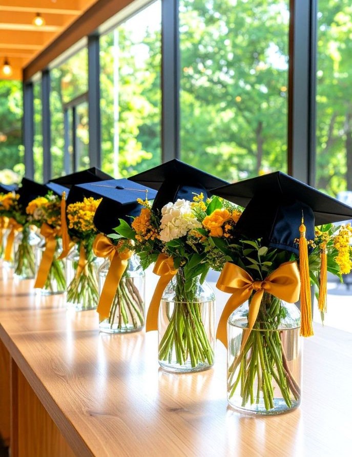 graduation vase with florals and cap