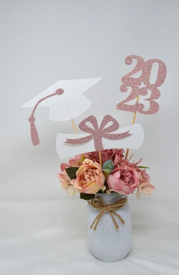 white mason jar with pink grad decor