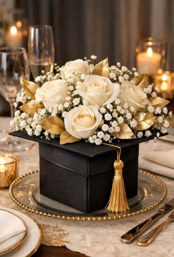 black graduation cap with white flowers on top
