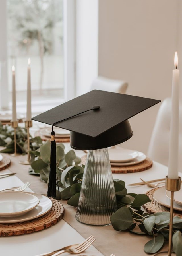 taper cylinder glass vase with black graduation cap on top