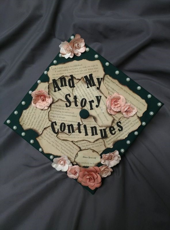 dark green graduation cap designs with "and my story continues"