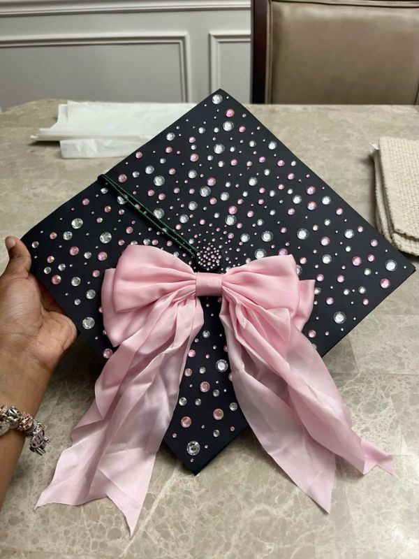 pink bow and rhinestones graduaton cap designs