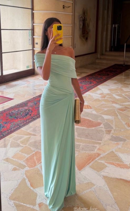 mint off shoulder graduation dress