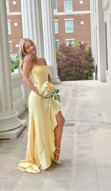 Butter Yellow Strapless High Low Dress