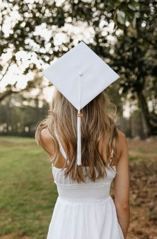 white graduation cap from back